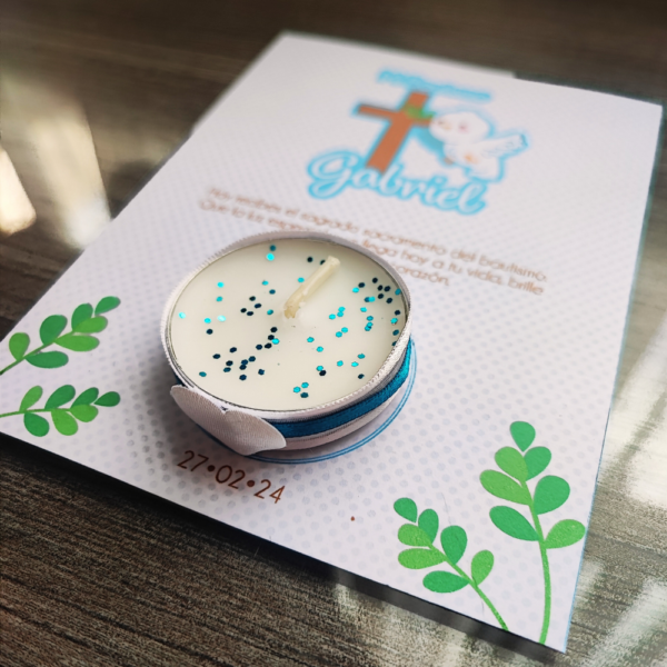 Velitas de pebetero con bolsita y tarjeta personalizada