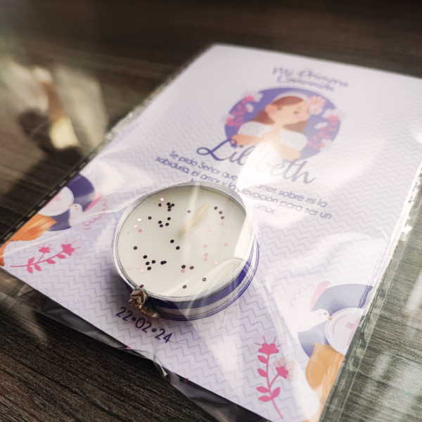 Velitas de pebetero con bolsita y tarjeta personalizada